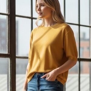 ModCloth x Collectif Sweater‎ Sz 18 Yellow Short Sleeve Cotton Knit Retro Office